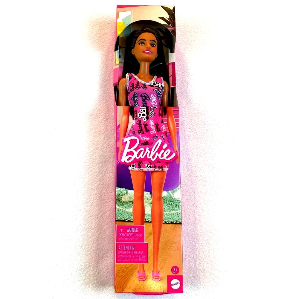 Barbie Doll New in Box Logo Print Dress Pink Long Brown Hair